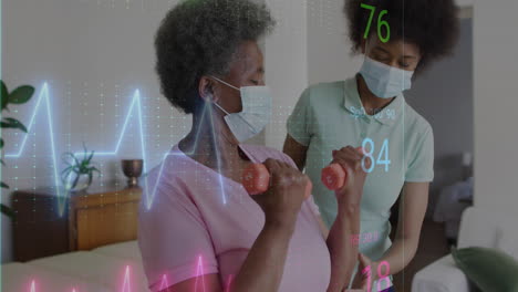 animation of heart rate monitor over diverse female physiotherapist helping senior woman to exercise