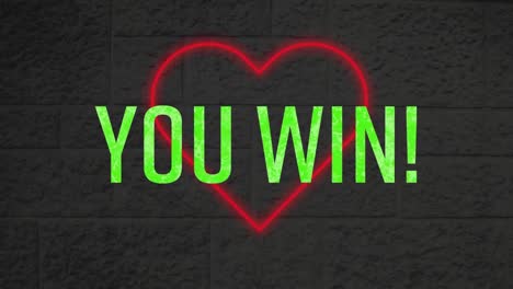 Animation-of-green-you-win-text-banner-over-neon-red-heart-icon-against-grey-brick-wall