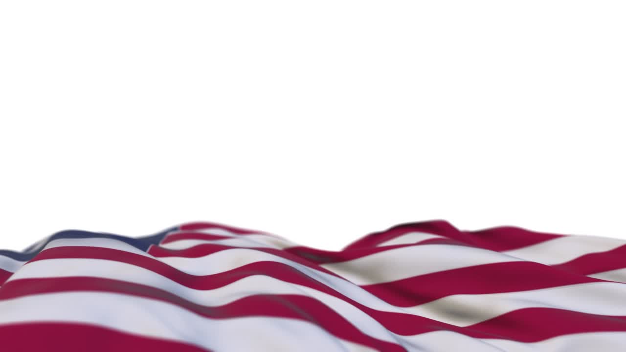 la bandera de la tela de liberia ondeando en el bucle del viento. el bordado de liebersky cosía un estandarte de tela balanceándose en la brisa. el fondo blanco medio lleno. lugar para el texto. bucle de 20 segundos.