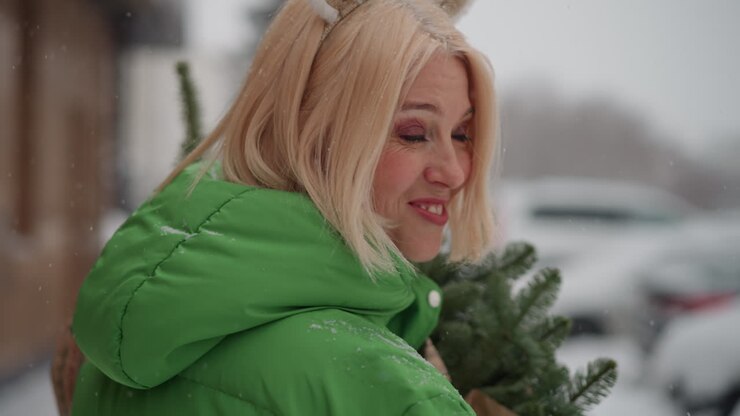 Donna bionda caucasica con un piccolo albero, che gira la testa mentre cammina su un marciapiede innevato, indossa un cappotto verde e un cerchietto con orecchie da renna, una scatola regalo incartata in un cesto, nevicata leggera, scena nostalgica di ritorno dalle feste