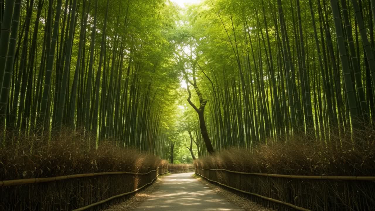 A Tranquil Bamboo Forest Path: Serenity in Nature's Embrace Under the Lush Green Canopy with Sunlight Filtering Through the Tall Stalks