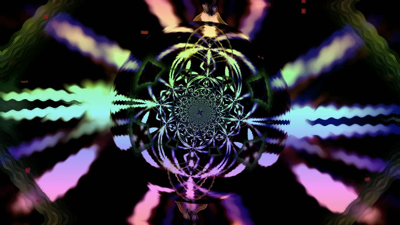 Un tunnel al neon luminoso presenta motivi e colori dinamici che turbinano in un ciclo continuo. Questa rappresentazione visiva coinvolge gli spettatori a un evento musicale o di danza in un ambiente energico.