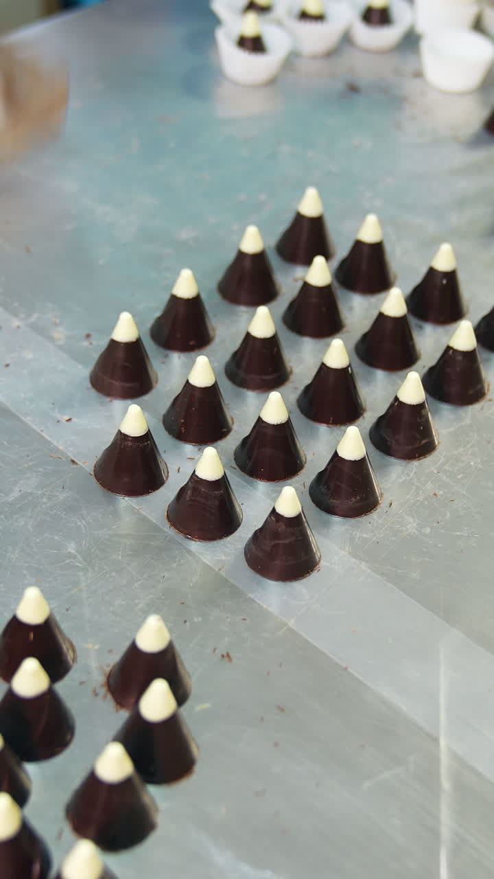 Baker hands making chocolate candies. Confectionery specialist hands in gloves making tasty candies. Vertical video