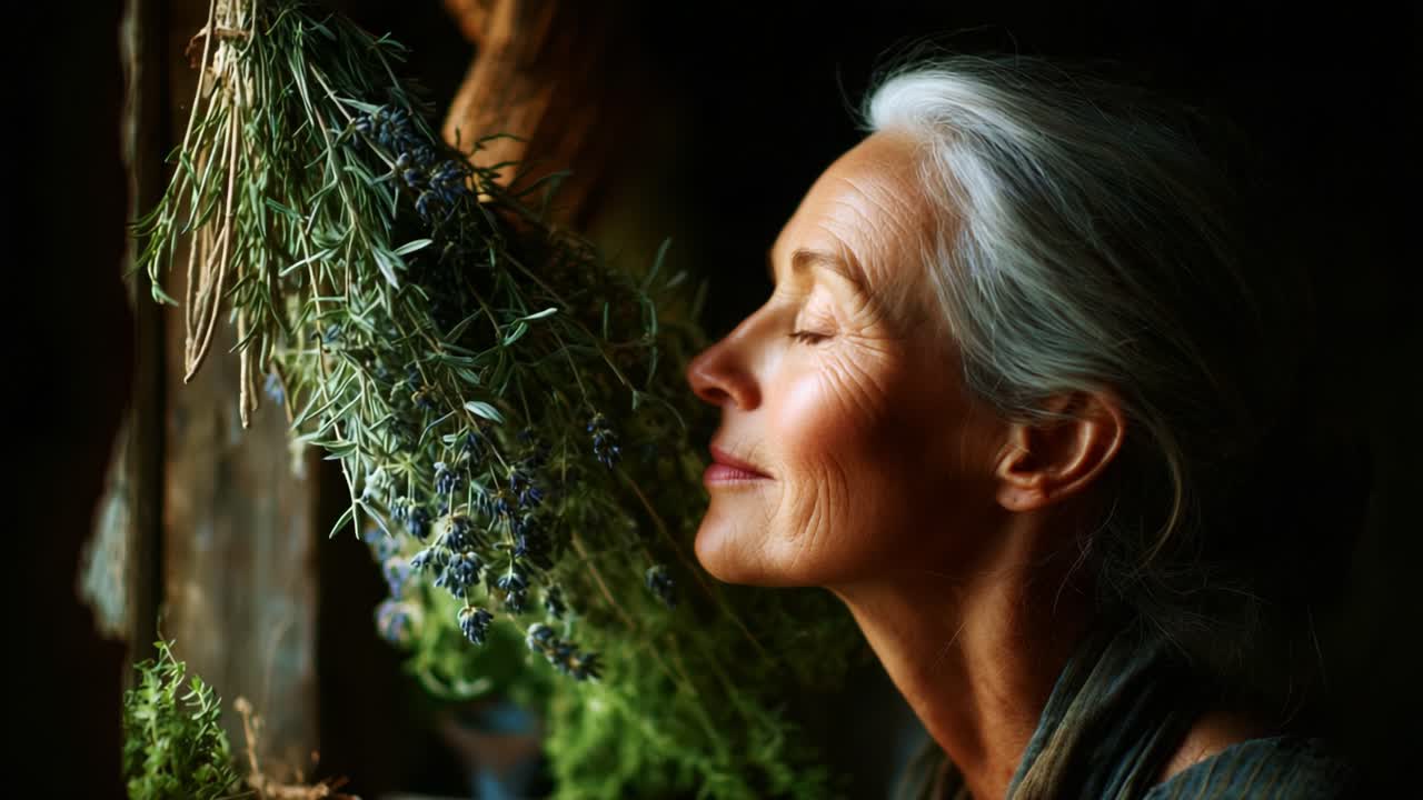 A Serene Moment of Connection: An Elderly Woman Deeply Engages with Nature as She Enjoys the Scent of Fresh Herbs in a Warm, Rustic Atmosphere