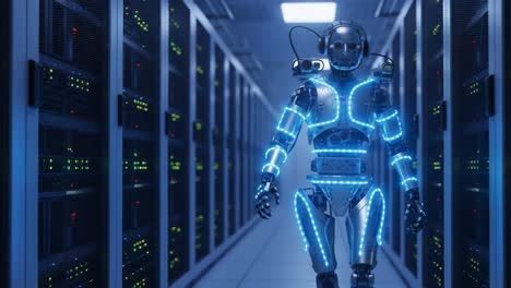 futuristic humanoid robot navigating through a high-tech server room, showcasing its illuminated features and advanced design amidst towering data storage units