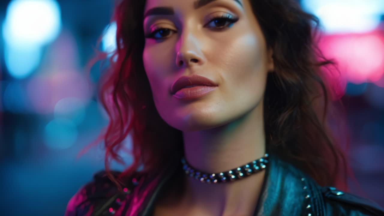 Un ritratto alla moda che cattura una donna sicura di sé in giacca di pelle, circondata da vivaci luci al neon, che emana stile e carattere in un moderno contesto urbano.