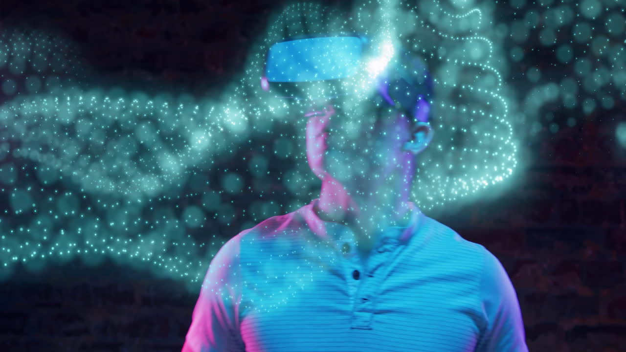 Wearing VR headset, person interacting with glowing animation particles in school