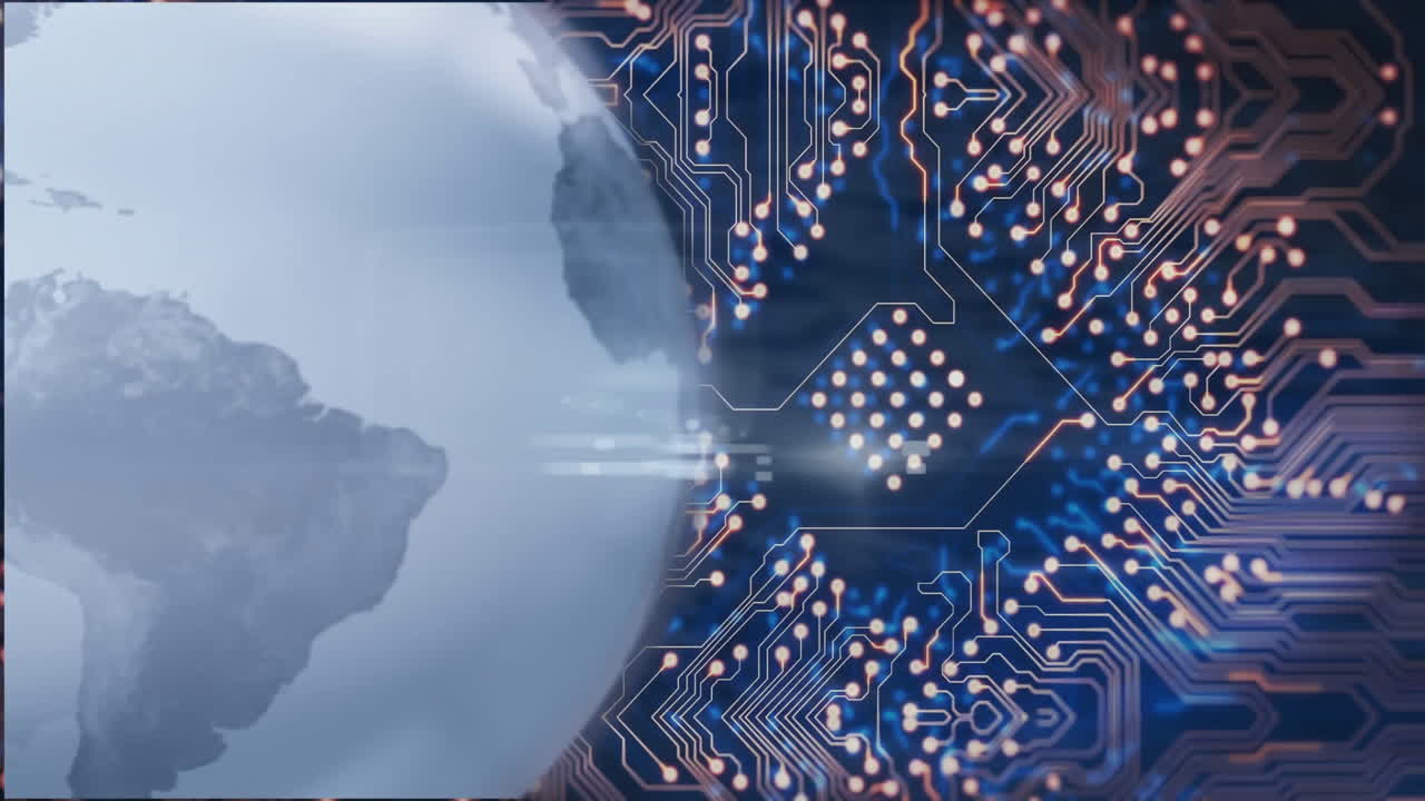 Globe and circuit board, global technology network animation