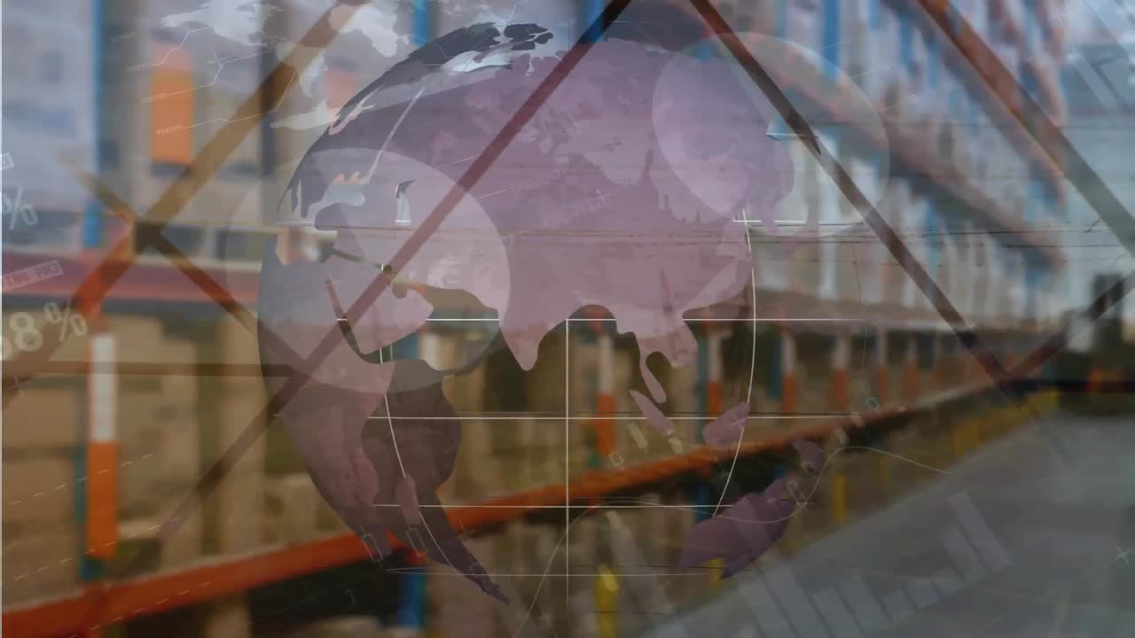 animación del procesamiento de estadísticas y red de conexiones sobre estantes en el almacén