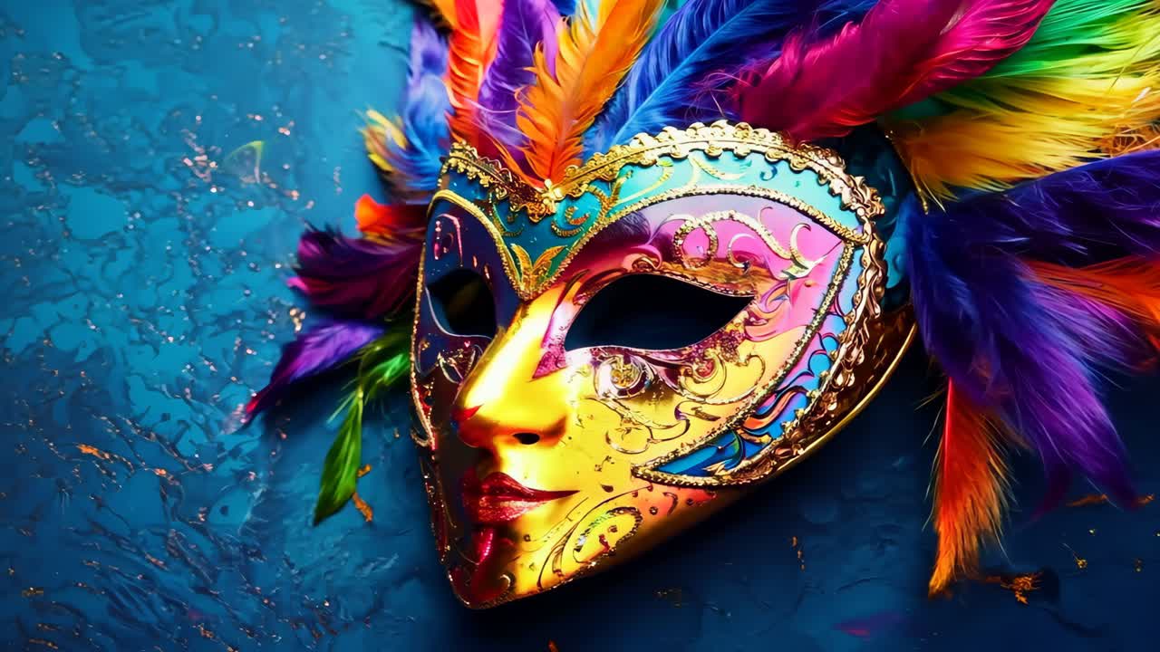 una colorida máscara de carnaval con plumas en un fondo azul