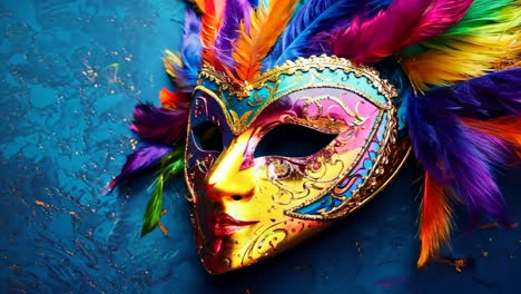 a colorful carnival mask with feathers on a blue background