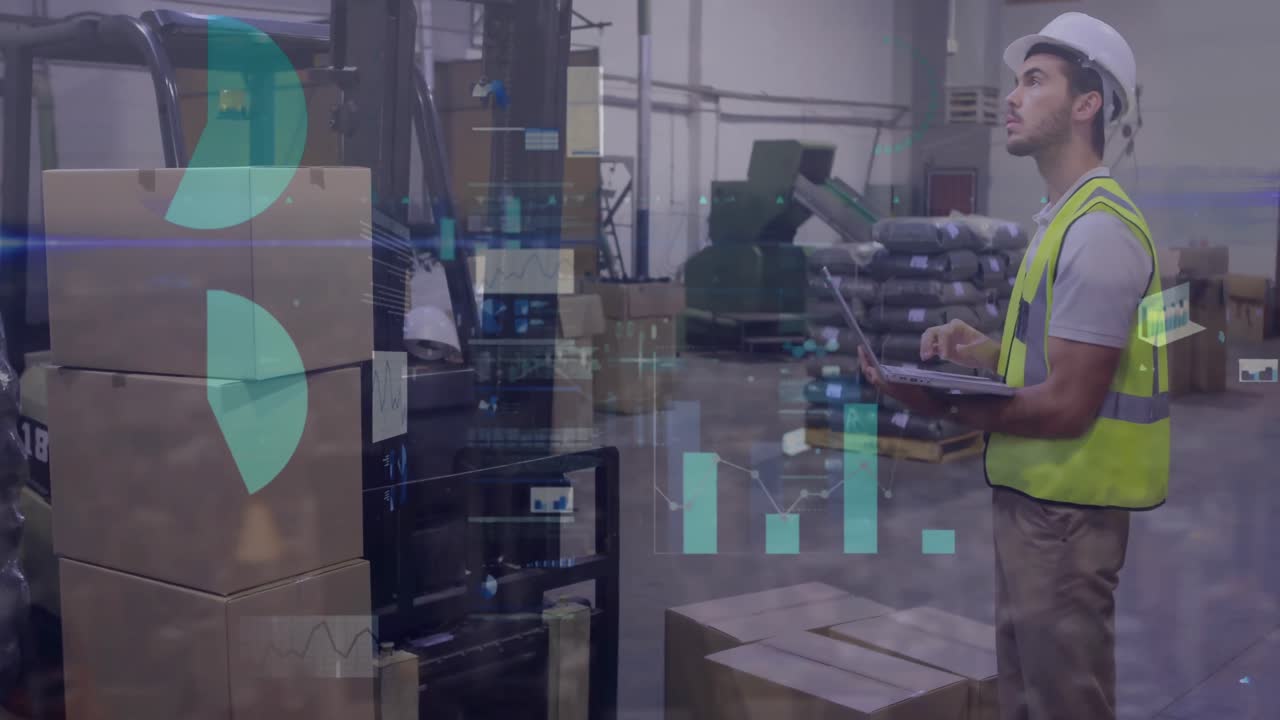 Animation of data processing over caucasian male worker in warehouse