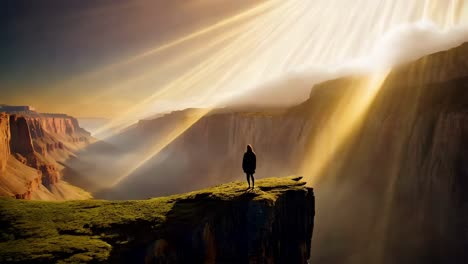 a person standing on a cliff overlooking a canyon at sunrise