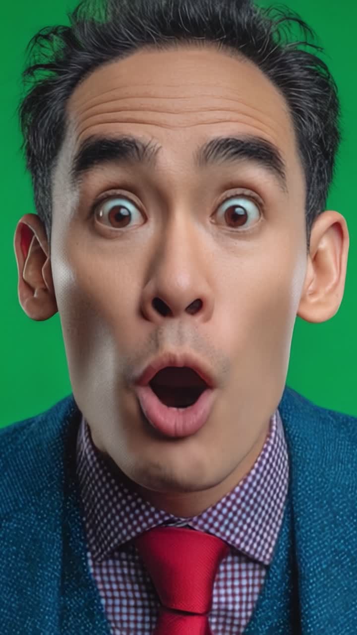 A Surprised and Then Thoughtful Expression: Capturing the Transition from Shock to Contemplation in a Close-up Portrait Against a Green Background