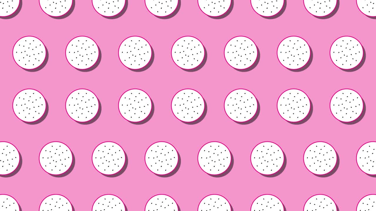 Pattern of animated fruit icons of Pitaya (Dragon fruit) on a pink background. Seamless loop food animation with simple stylish repeated elements