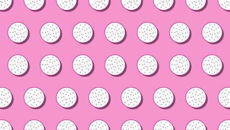 patrón de iconos de frutas animadas de pitaya (fruta del dragón) en un fondo rosado. animación de alimentos de bucle sin costuras con elementos simples y estilosos repetidos