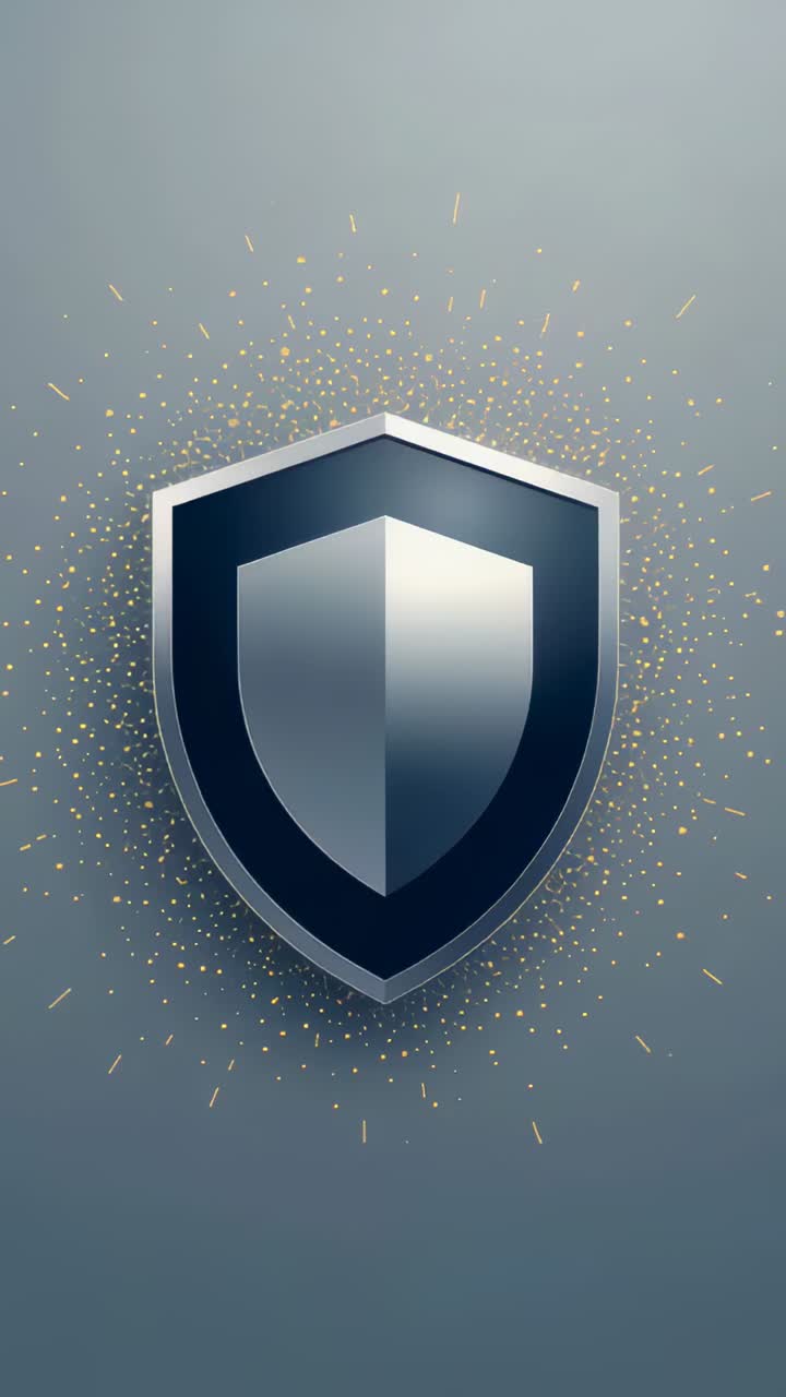Vertical video: Frames moving, shield emblem scaling on cool-gray as gold sparks rising for reveal
