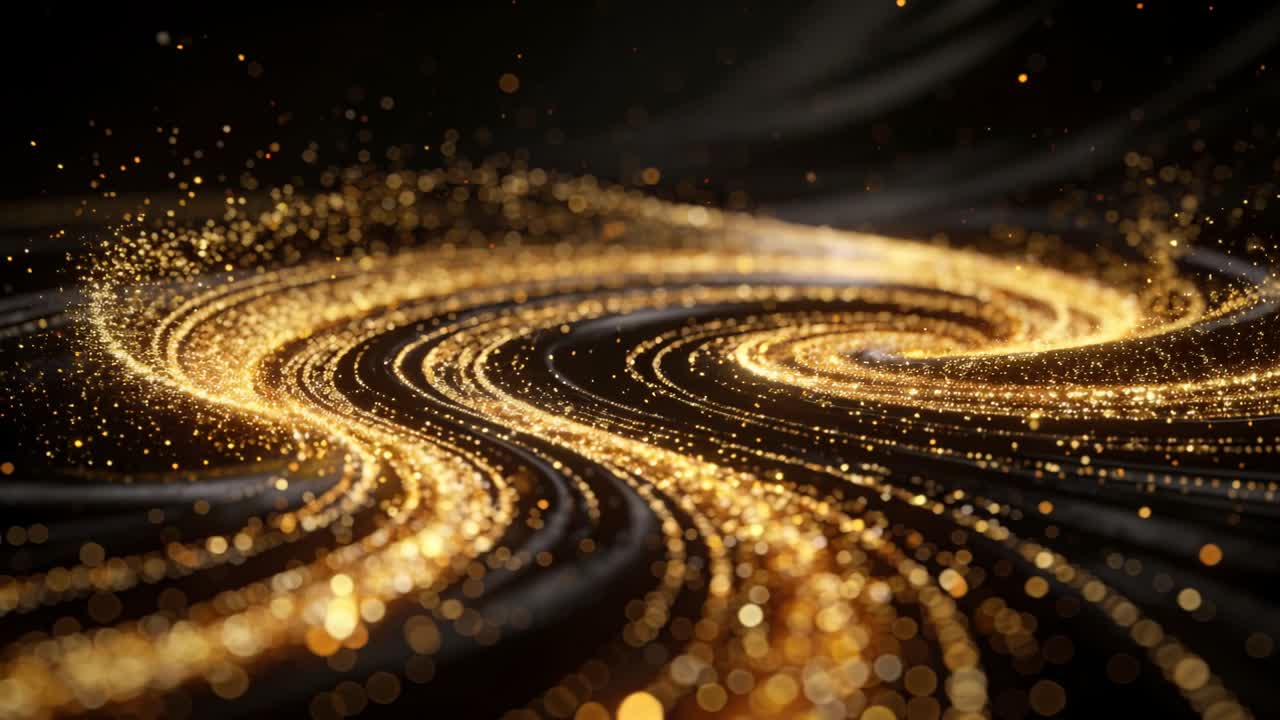 Accelerando da puntini, nastri di particelle dorate che si arricciano in una spirale destrorsa su bokeh di tessuto scuro.