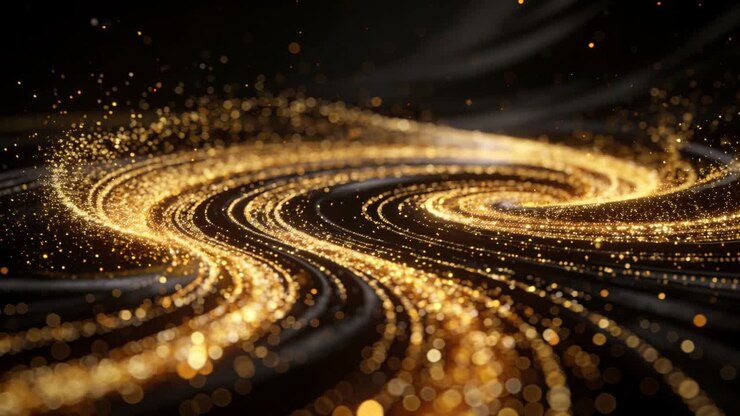 Accelerando da puntini, nastri di particelle dorate che si arricciano in una spirale destrorsa su bokeh di tessuto scuro.