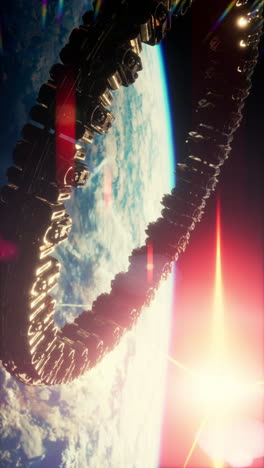 a futuristic spaceship orbits above earth illuminated by the suns rays