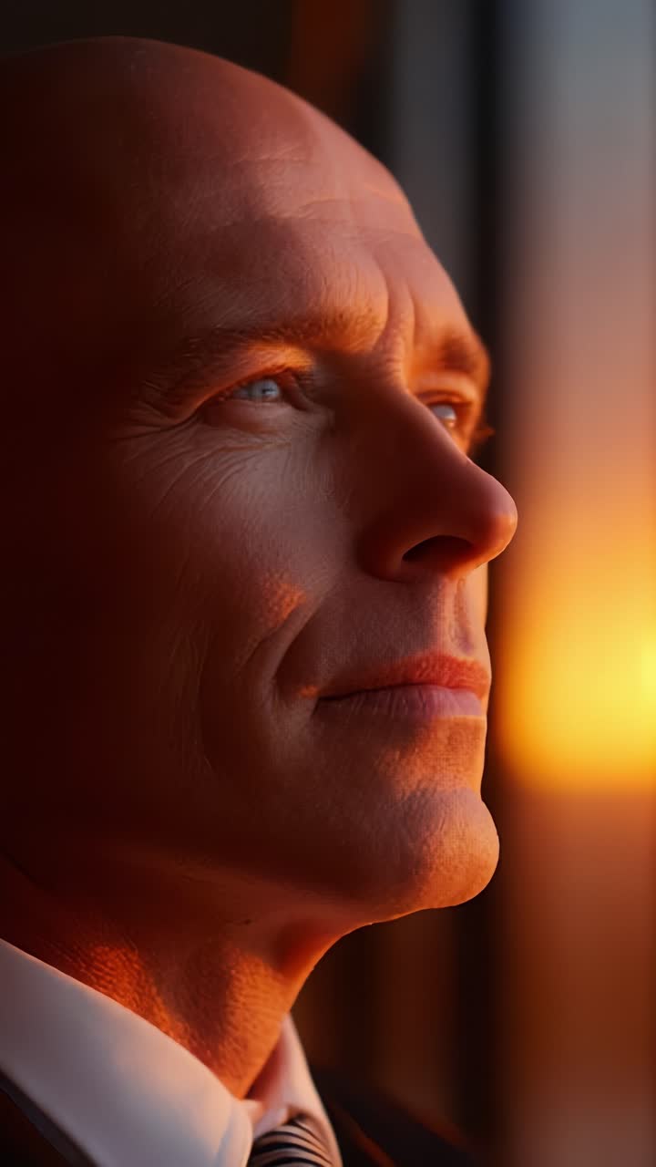 Momento di riflessione di un uomo di profilo al tramonto, che cattura l'essenza della contemplazione e della serenità con una luce calda che illumina il suo volto e i suoi lineamenti