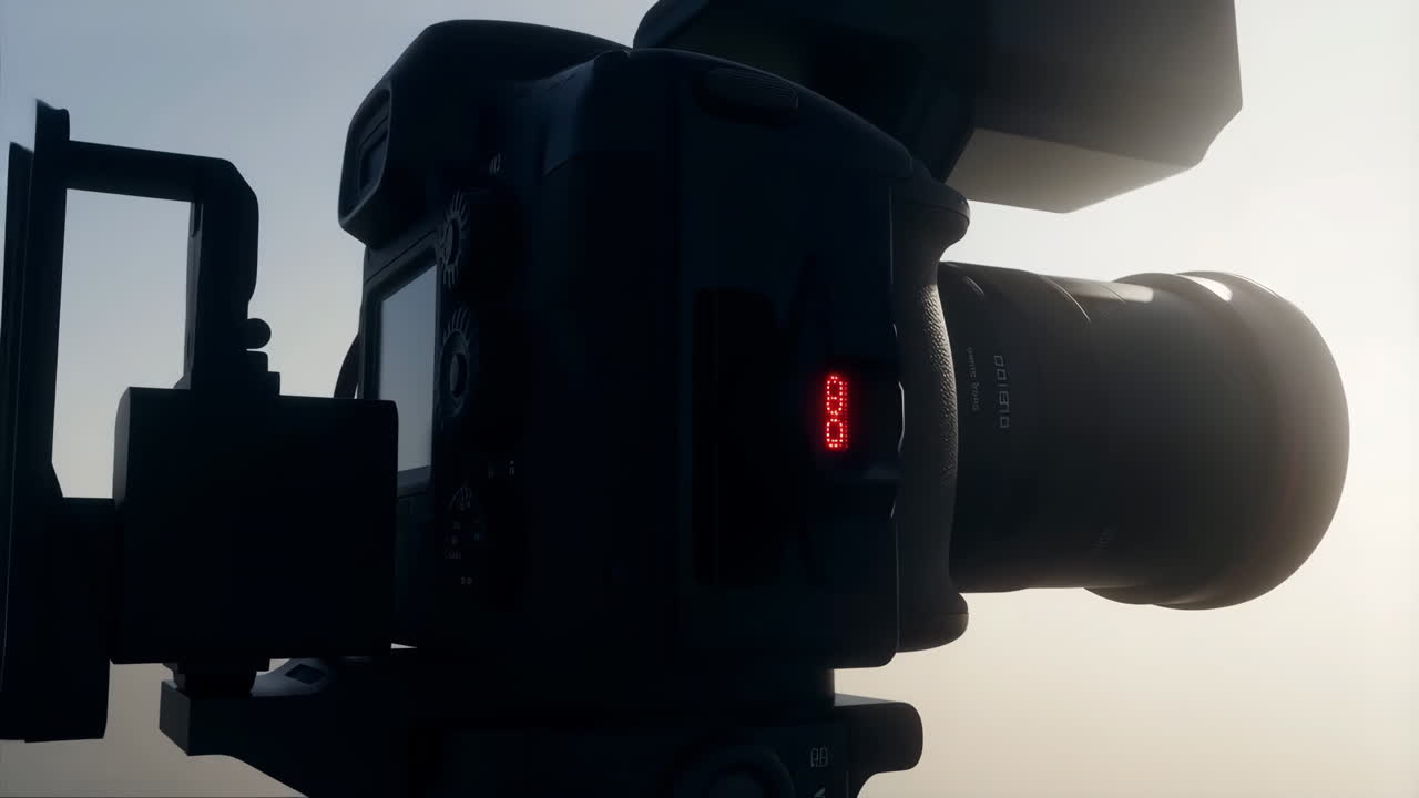 Close-up of a professional camera with a red LED display against a bright, hazy background