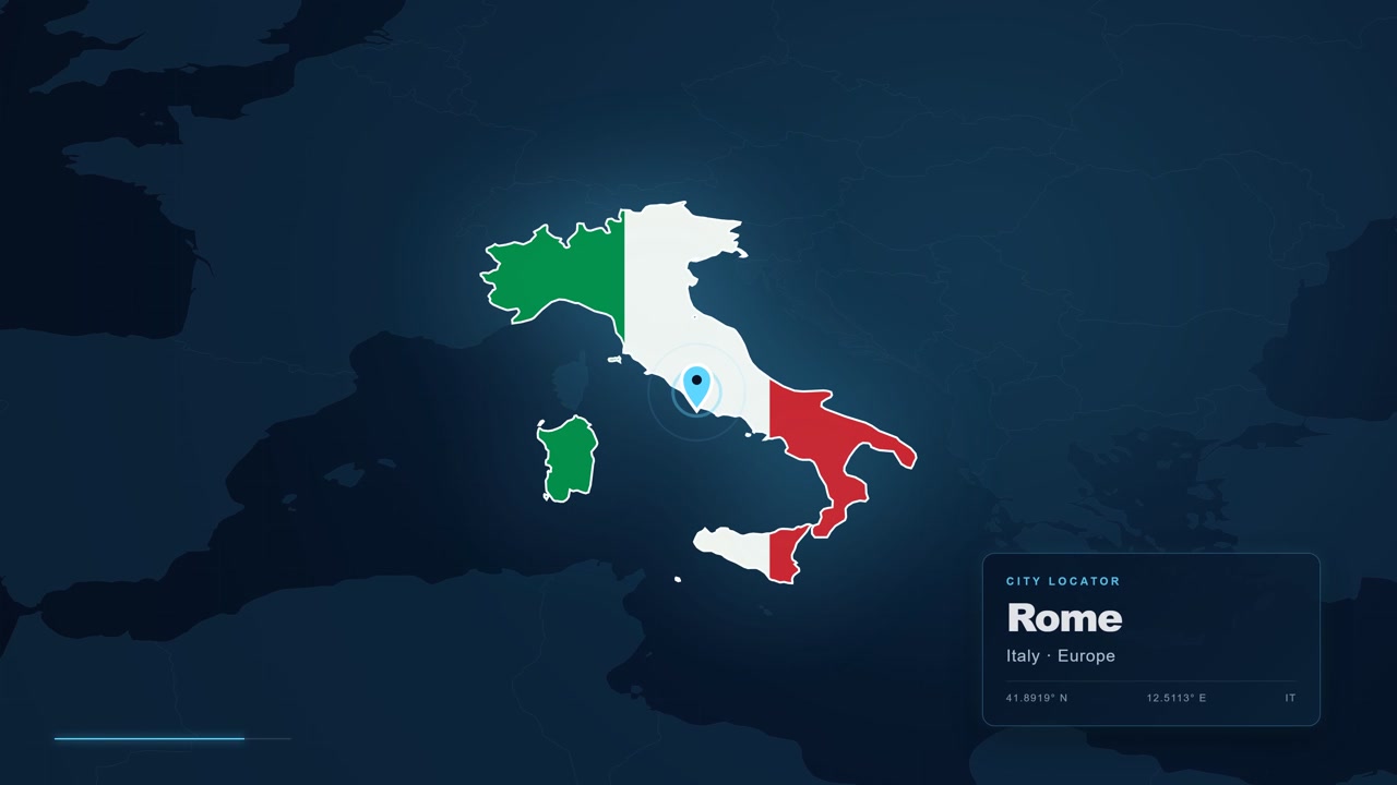 Filmato di mappa digitale che ingrandisce per evidenziare la città di Roma in Italia, Europa, con un segnaposto e un localizzatore geografico visualizzati.