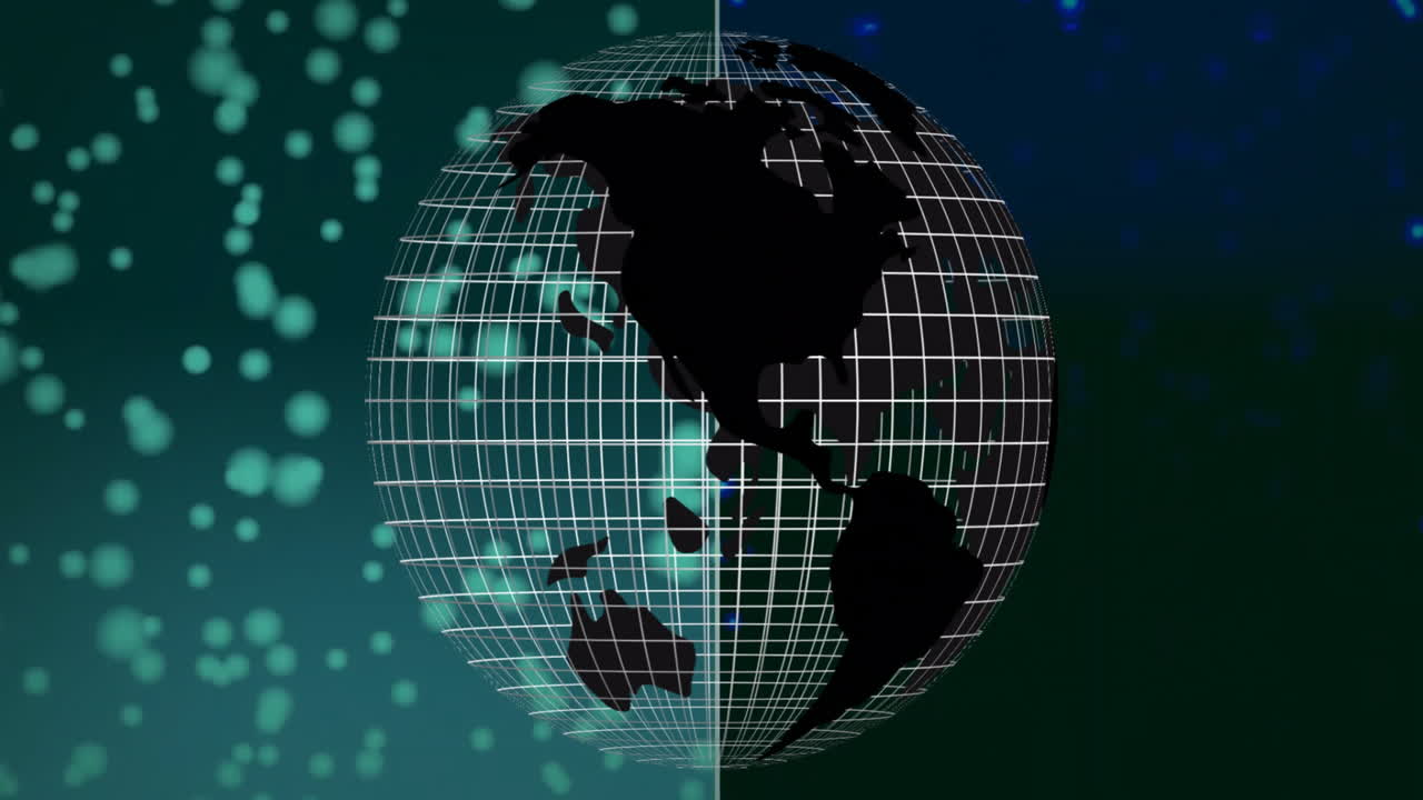 Rotating globe with grid lines and data points animation over dark background