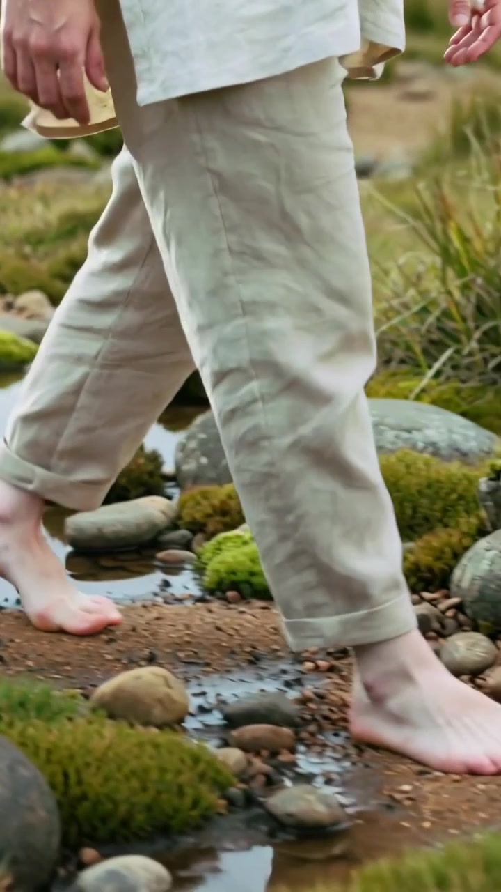 Vertical video: Lifting foot, barefoot person stepping across mossy wetland in rolled cuff pants