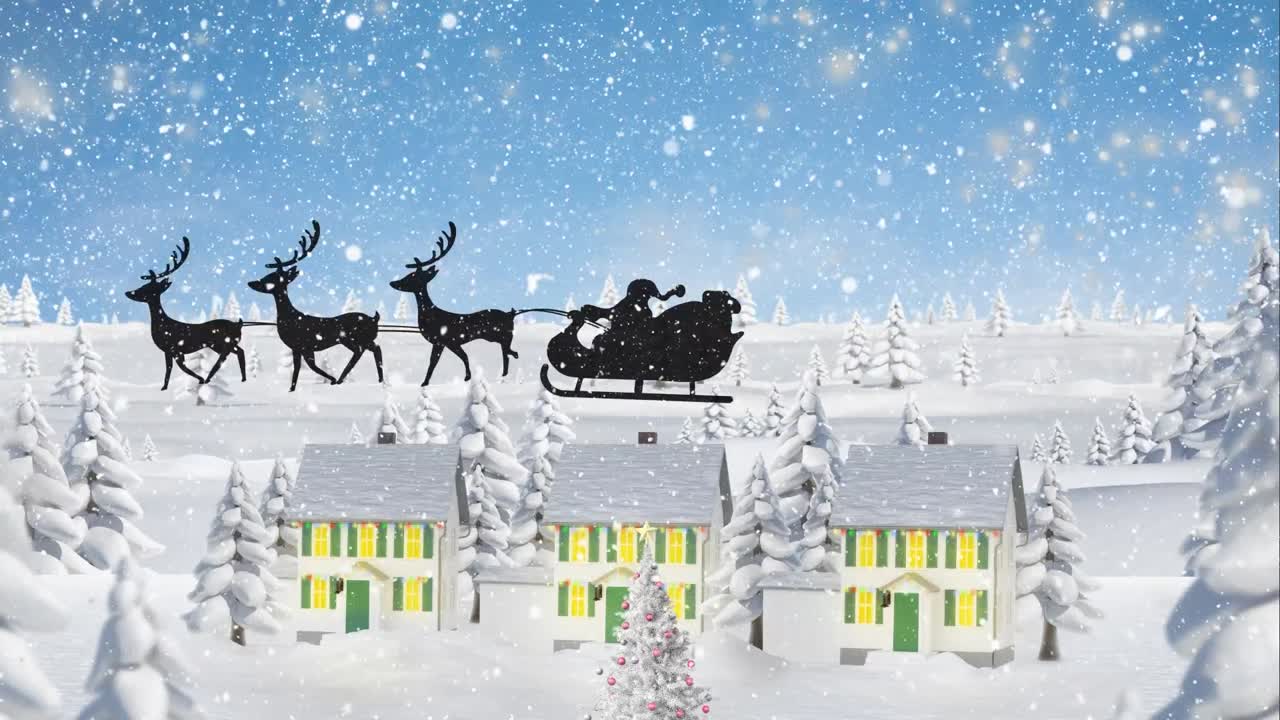 animación de santa claus en trineo con renos sobre la nieve que cae en la ciudad de invierno
