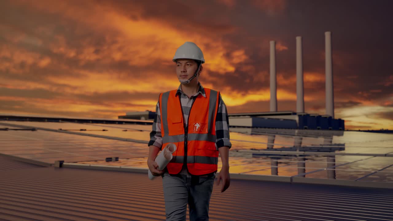 Frontalbilled af asiatisk mandlig ingeniør, der holder byggeplaner og inspicerer solpaneler på et tag ved solnedgang.