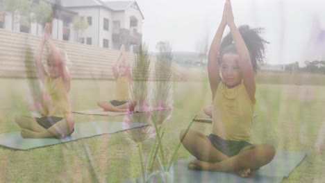 animación de hierbas sobre diversas escolares sentadas en una clase de yoga al aire libre