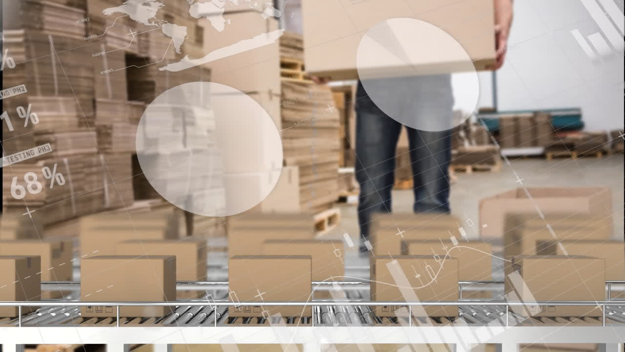 컨베이어 벨트에 있는 상자 위에서 금융 데이터 처리의 애니메이션