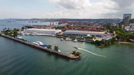 aerial view of a marina and port in a coastal city