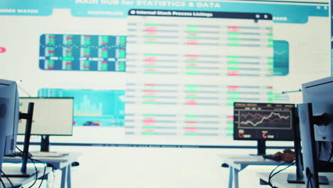 equipo de afiliados de pronóstico examinando infografías anuales en una gran pantalla de datos