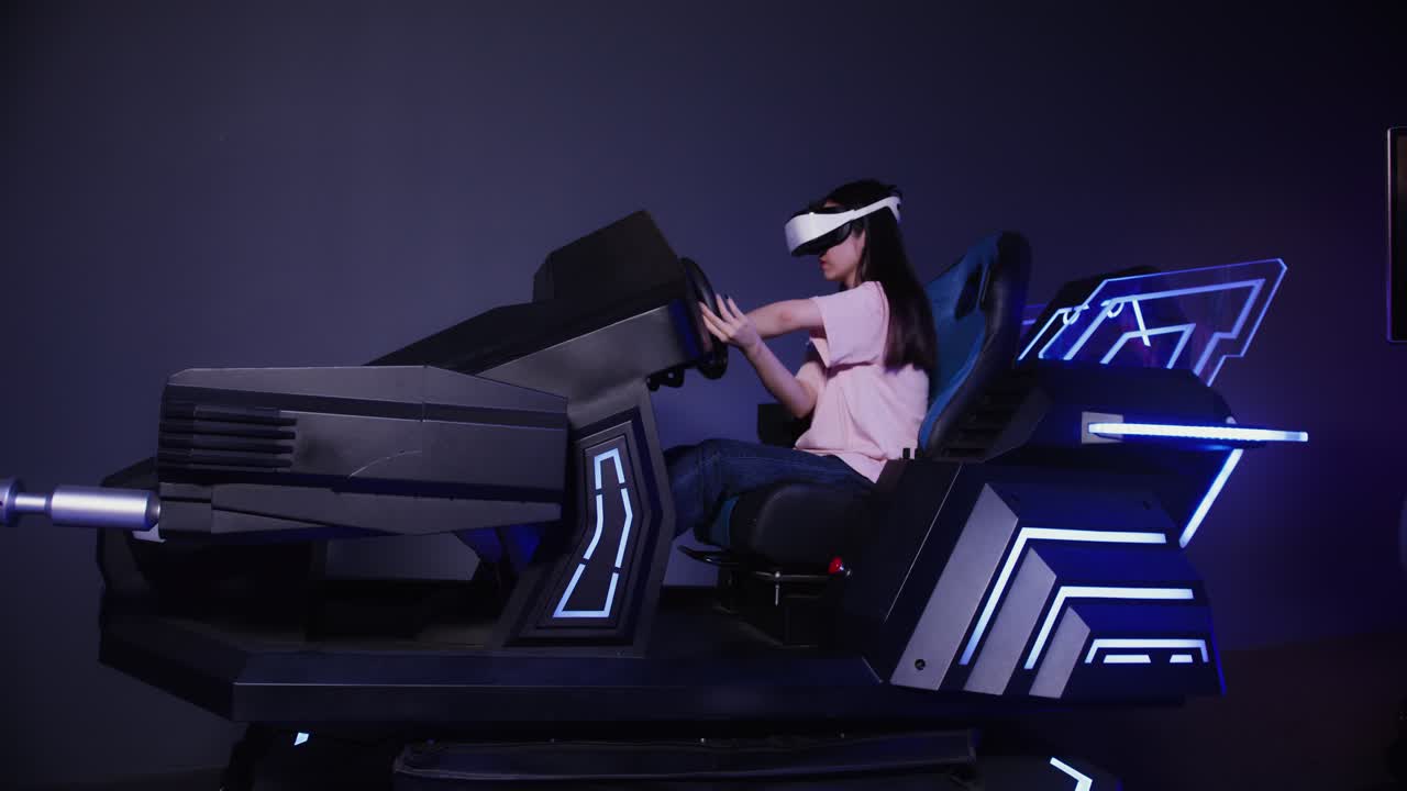 Woman using VR headset in a futuristic driving simulator