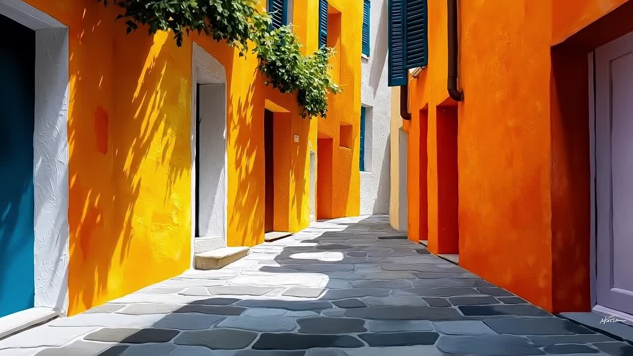 A narrow alleyway with orange walls and a plant growing on the side of it