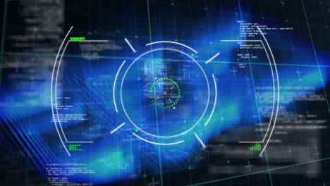 Animation of circles over grid pattern against computer language and squares in background