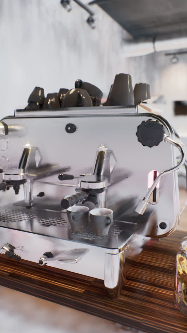 Primo piano di una macchina da caffè espresso lucida con tazzine e un barattolo di chicchi di caffè
