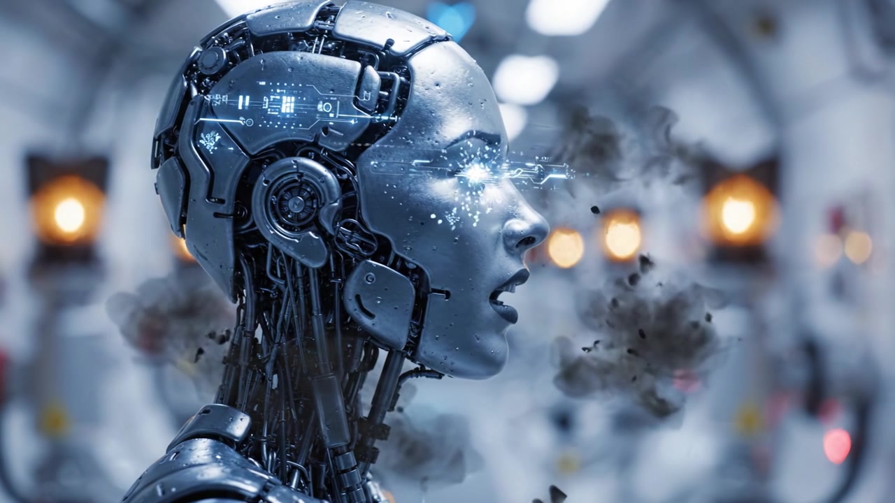Testa Robotica Futuristica in un Ambiente ad Alta Tecnologia che Mostra Funzionalità Avanzate di Intelligenza Artificiale e Connettività con la Tecnologia Circostante.