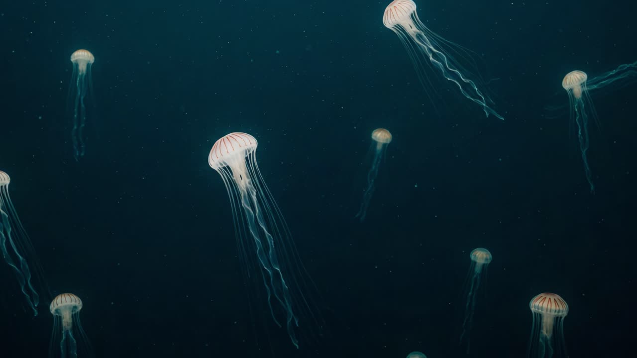 Mesmerizing Underwater Dance: A Spectacular View of Graceful Jellyfish Gliding Through the Dark Depths of the Ocean, Capturing Nature's Serene Beauty and Elegance