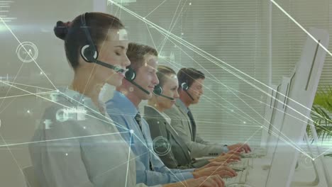 Animation-of-network-of-connection-over-business-people-wearing-phone-headsets