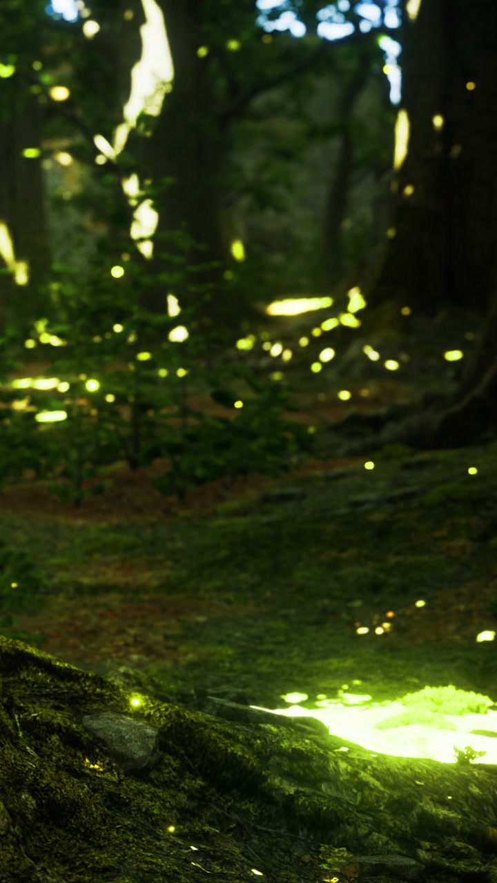 Fireflies light up the forest at dusk near tall trees and green plants