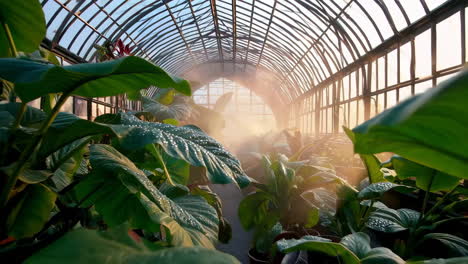 sunlit botanical greenhouse with lush plants and mist