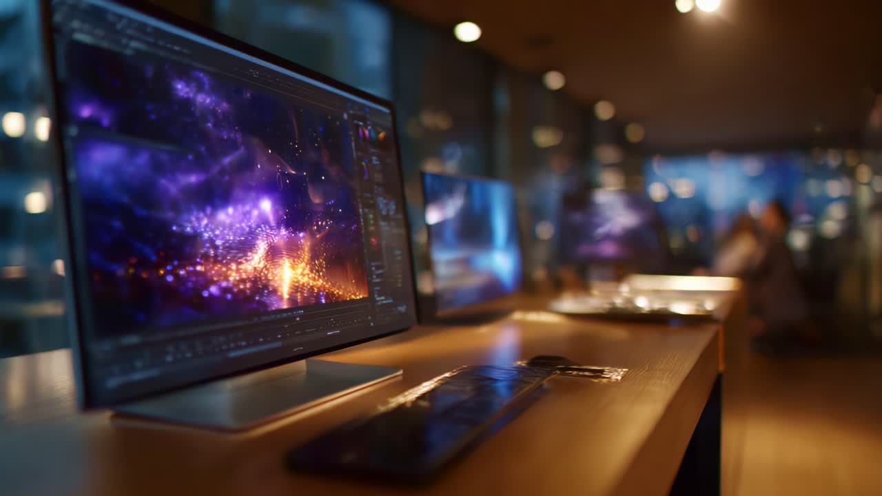 Stunning Visuals Rendering on High-Resolution Monitors in a Modern Workspace, Showcasing a Vibrant Cosmic Scene Through Advanced Graphic Software Techniques