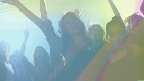 friends dancing in nightclub, with music notes and light beams boosting entertainment marketing