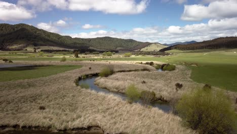 winding creek in natural valley, meandering river through grass land