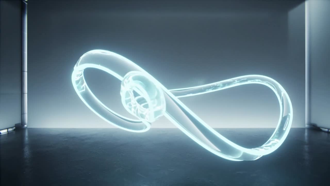 Morphing glowing tube after ring appearing, stretching and curling across reflective gallery floor