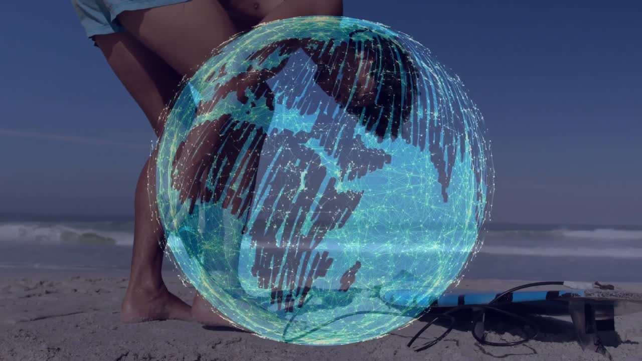 Surfista che si china afferrando il leash della tavola, con un globo tecnologico che ruota e mostra linee di rete relative alla preparazione al surf.