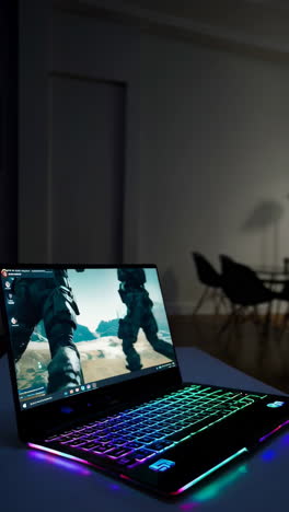 gaming laptop in a modern living room at night